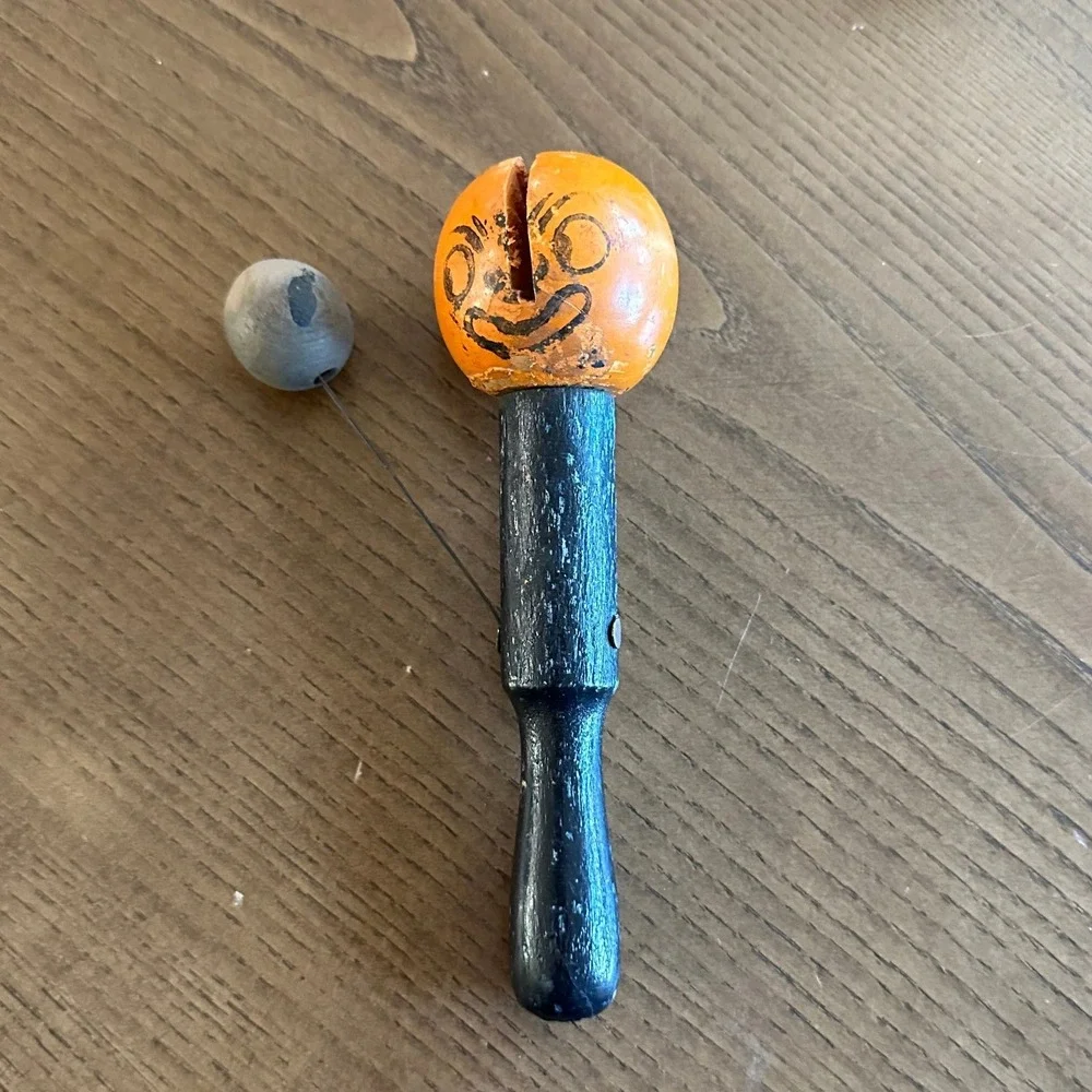 Vtg Halloween Double Sided Jack O Lantern Pumpkin Wooden Rattle Noisemaker Folk